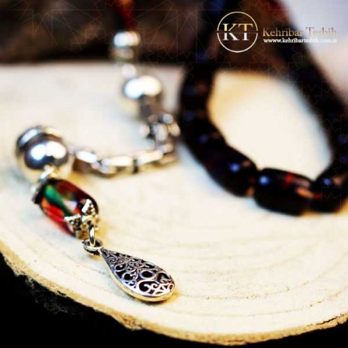 Bukalemun Kehribar Tesbih| Ateş Kehribar| Gümüş püskül | Fıçı kesim 