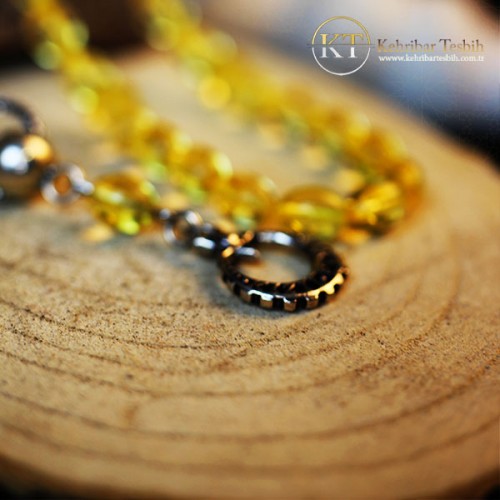 Damla Kehribar | Arpa Kesim | 3 Yedek Habbeli | Gümüş Püsküllü | Kehribar Tesbih