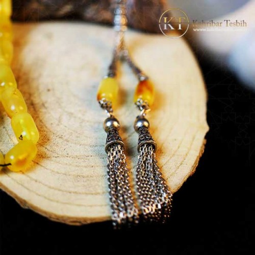 Damla Kehribar | Fıçı Kesim | 3 Yedek Habbeli | Gümüş Püsküllü | Kehribar Tesbih